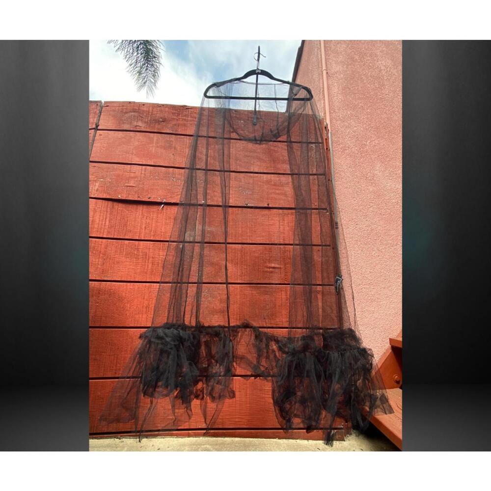 Designer Black Sheer Tule Evening Cape with ruffle Hem & Hood Halloween costume